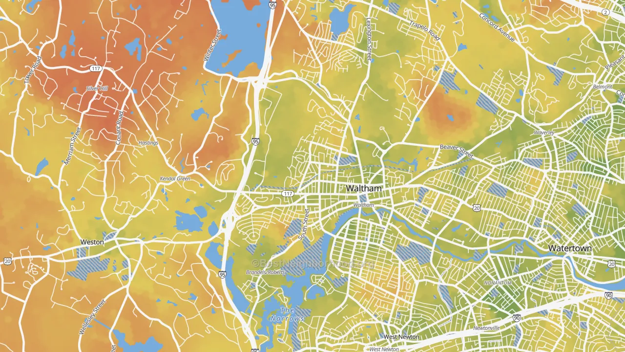 Bike Grade map of Waltham Highlands, Waltham, MA