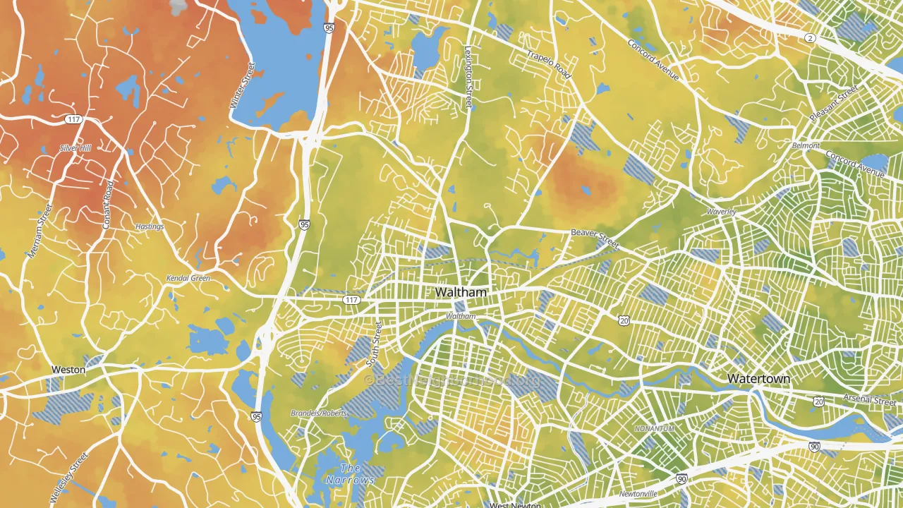 Bike Grade map of Waltham, MA