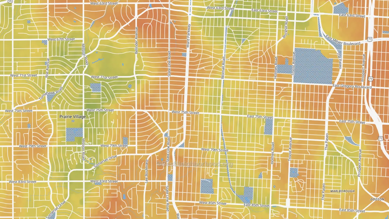 Bike Grade map of Ward Parkway, Kansas City, MO