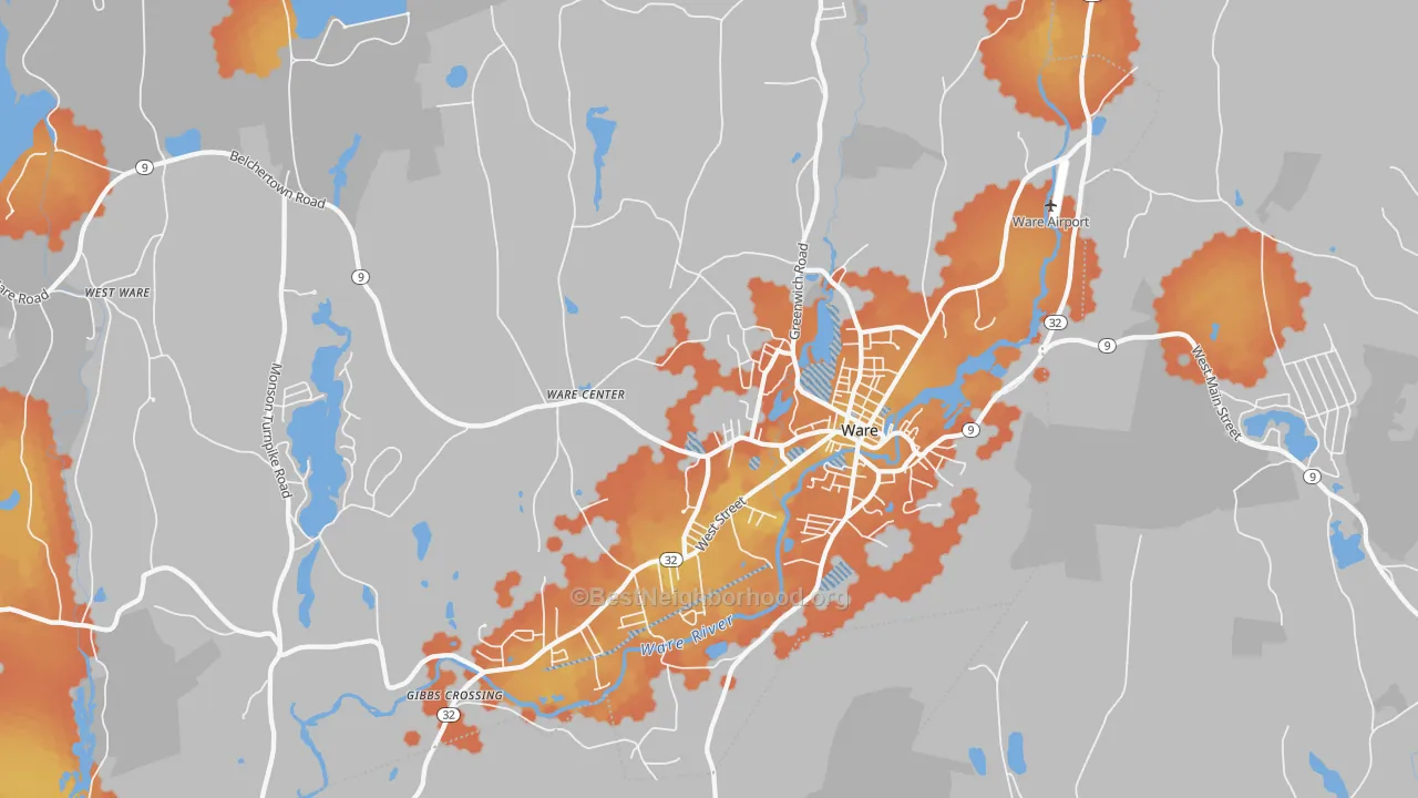 Bike Grade map of Ware, MA