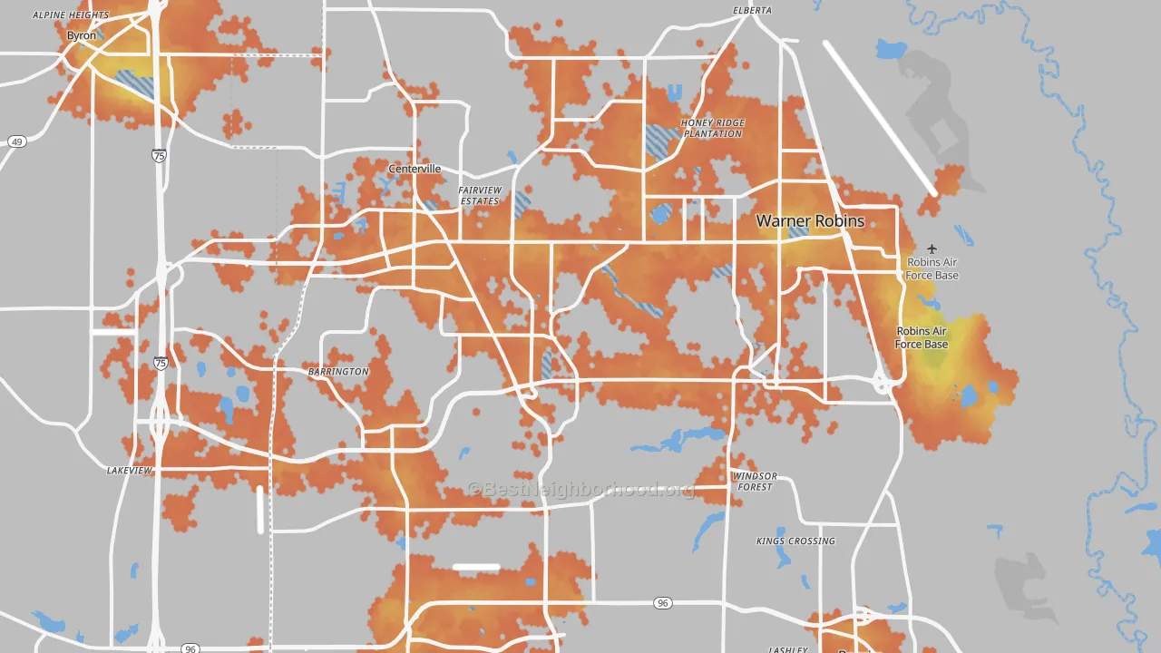 Bike Grade map of Warner Robins, GA