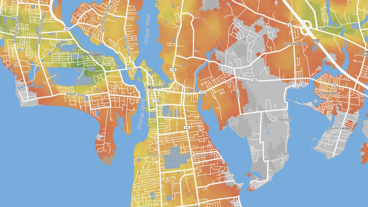 Bike Grade map of Warren, RI