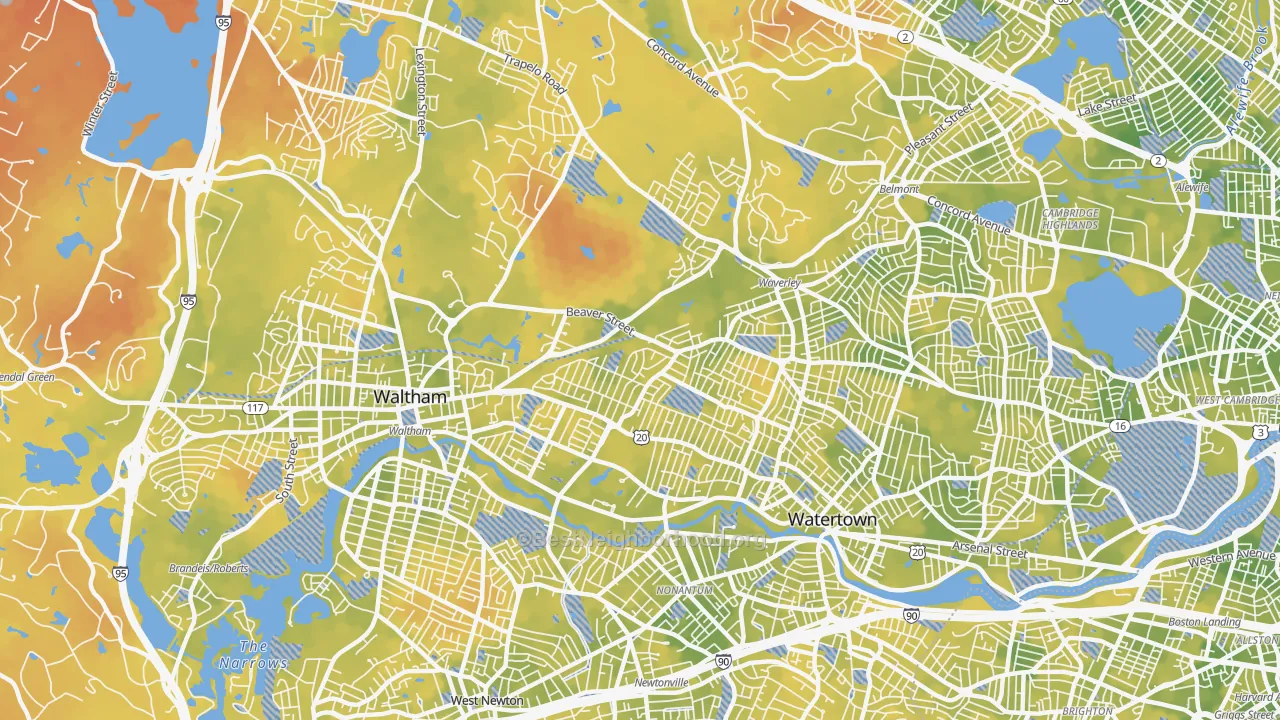 Bike Grade map of Warrendale, Waltham, MA