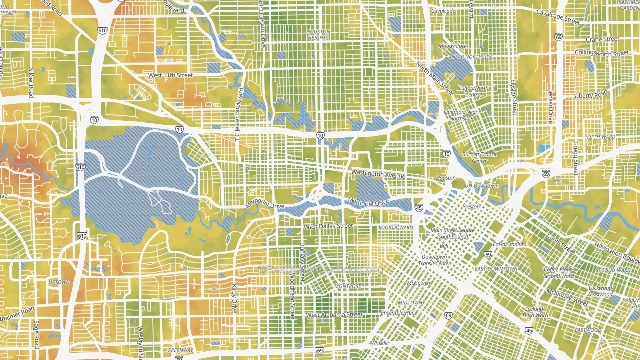 Bike Grade map of Washington Avenue-Memorial Park, Houston, TX