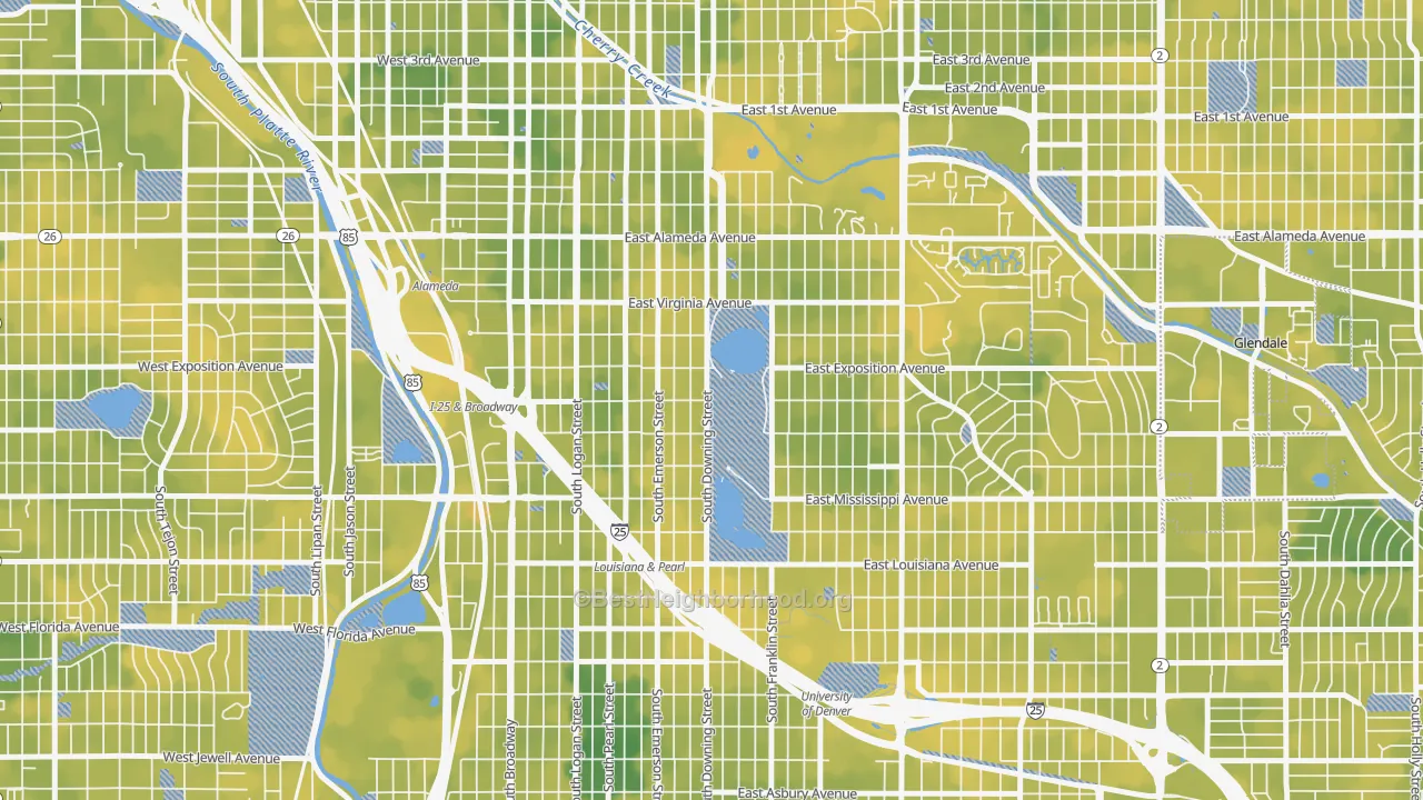 Bike Grade map of Washington Park, Denver, CO