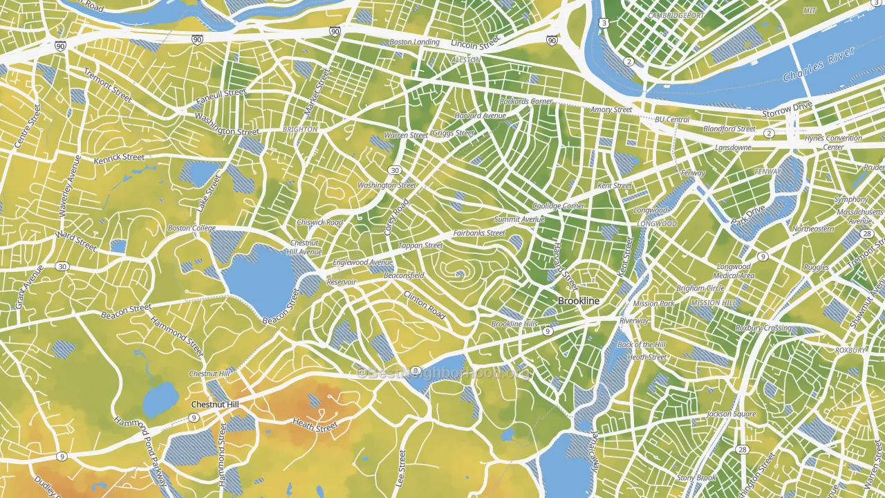 Bike Grade map of Washington Square, Brookline, MA