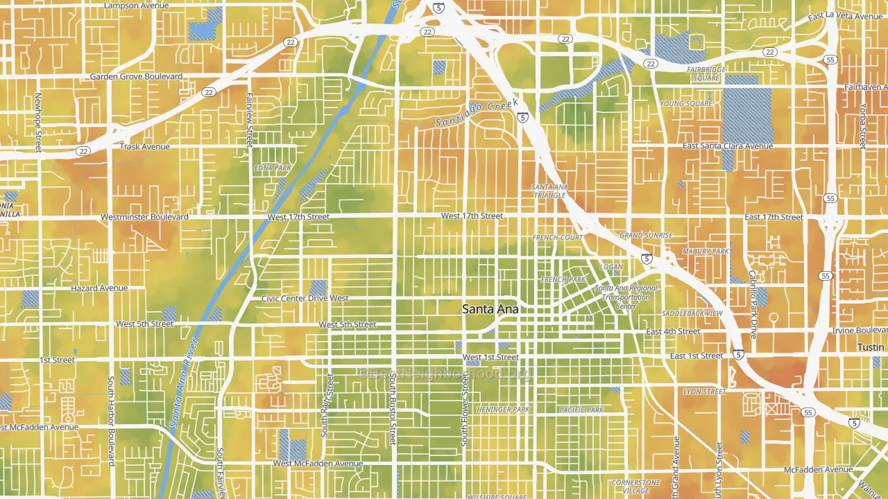 Bike Grade map of Washington Square, Santa Ana, CA