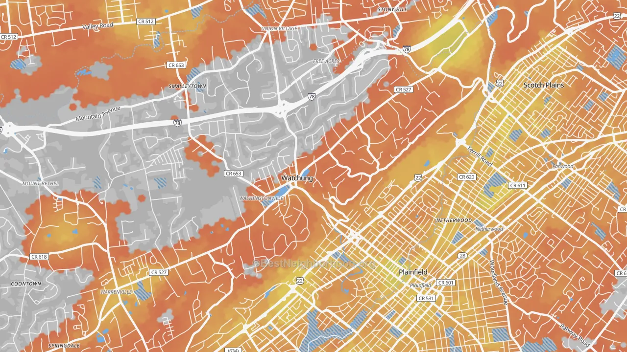 Bike Grade map of Watchung, NJ