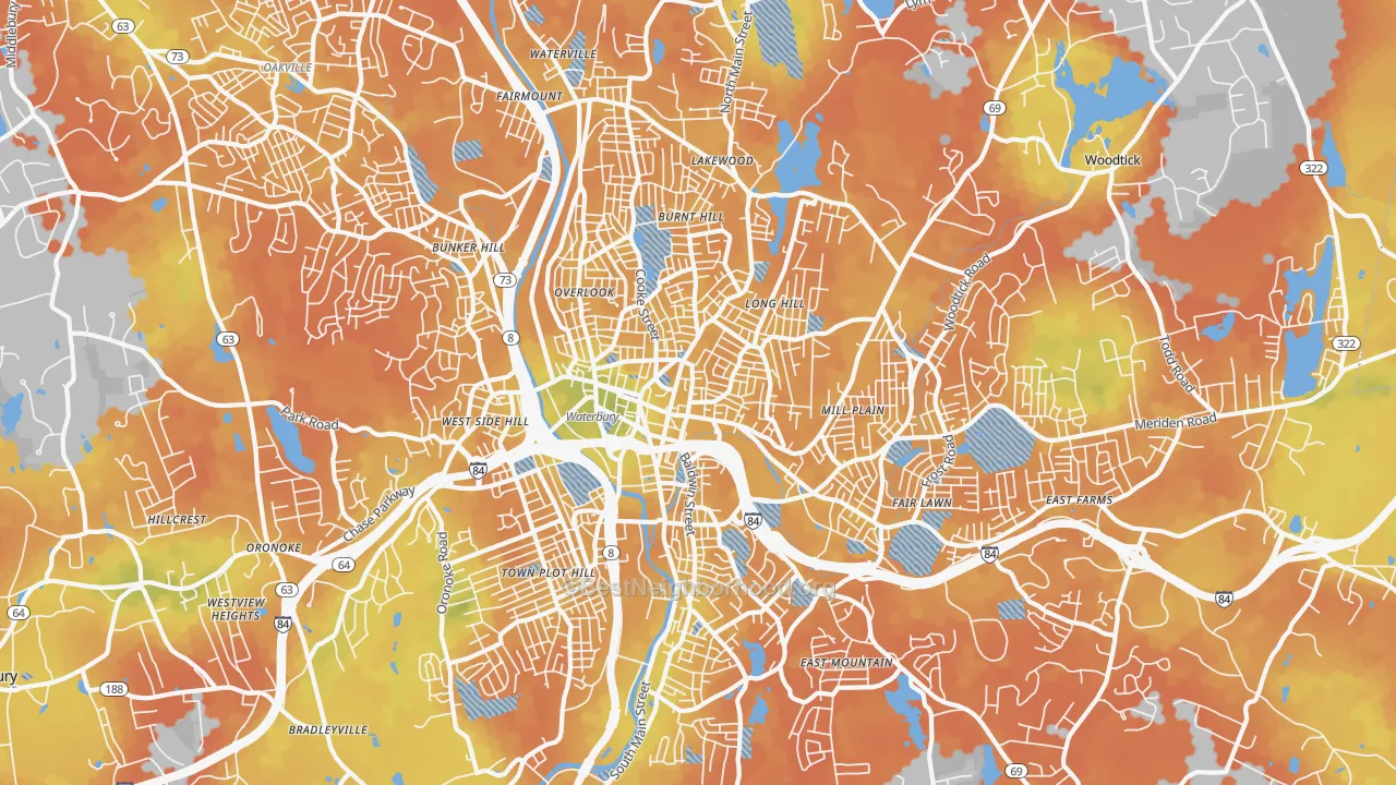 Bike Grade map of Waterbury, CT