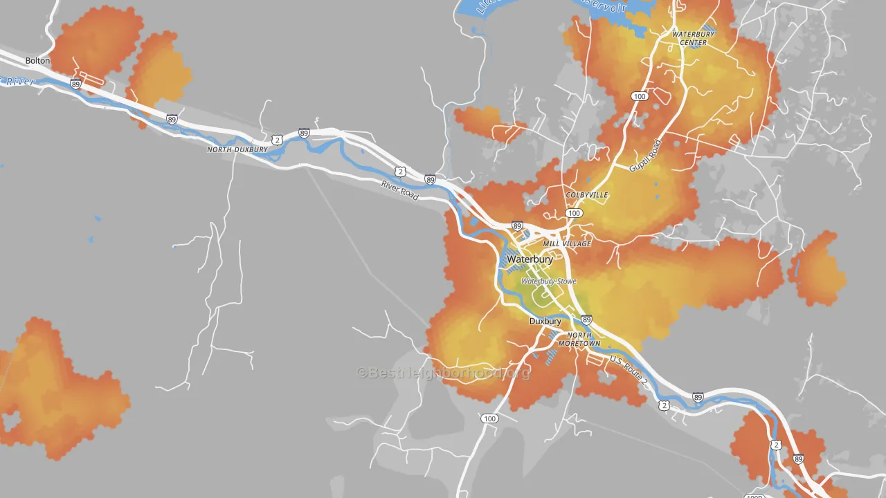 Bike Grade map of Waterbury, VT