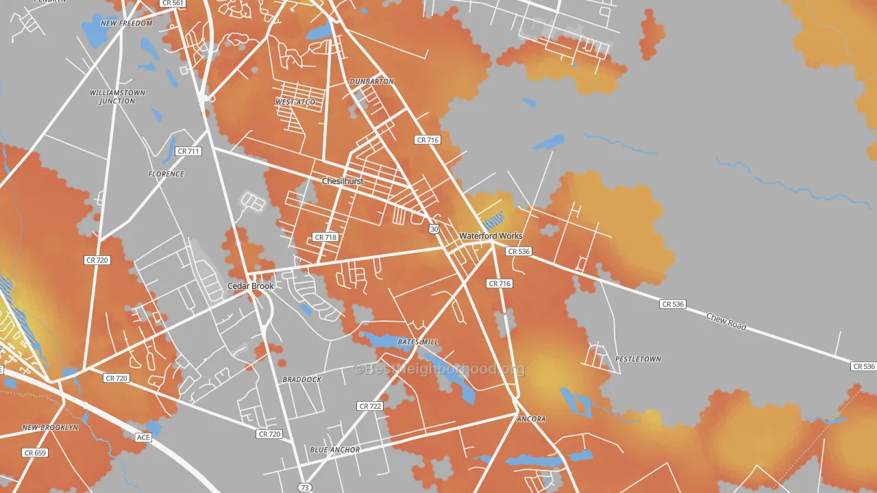 Bike Grade map of Waterford Works, NJ