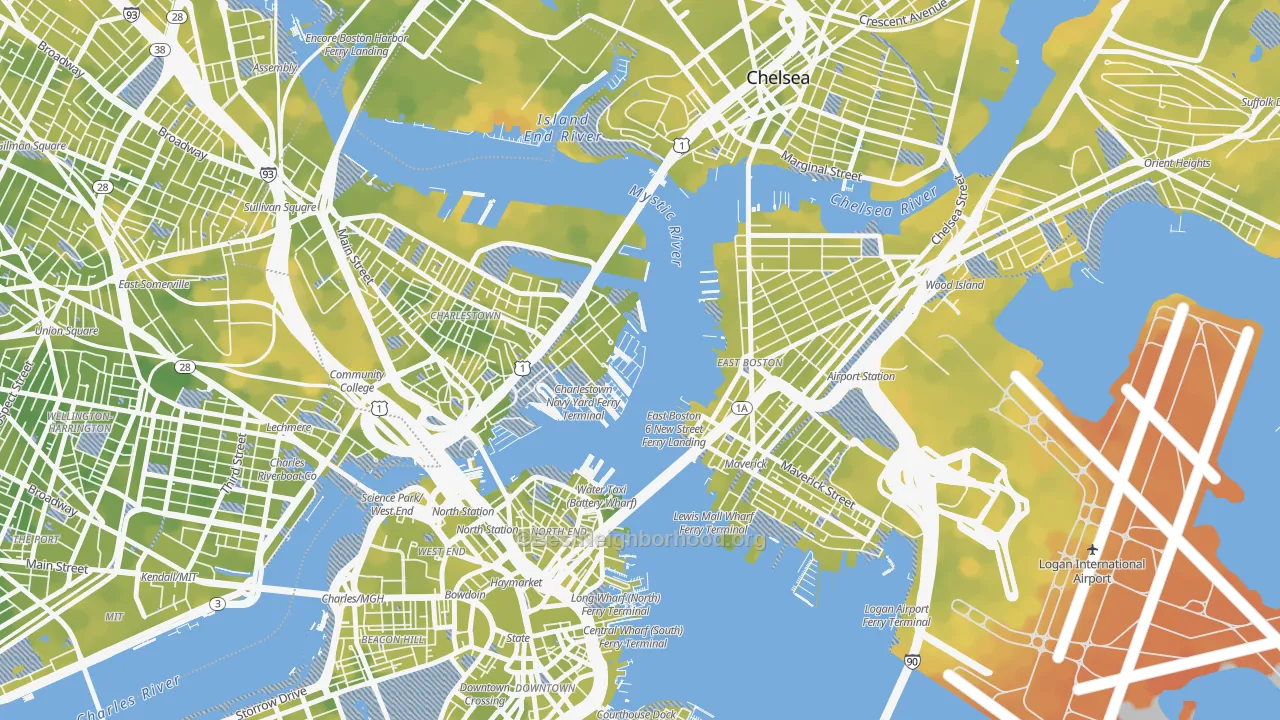 Bike Grade map of Waterfront, Boston, MA