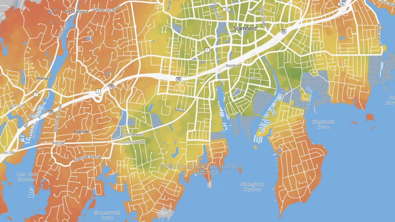 Bike Grade map of Waterside, Stamford, CT