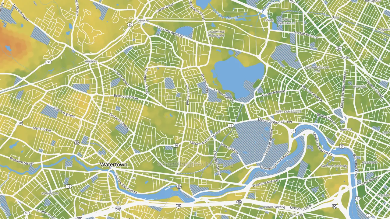 Bike Grade map of Watertown, MA