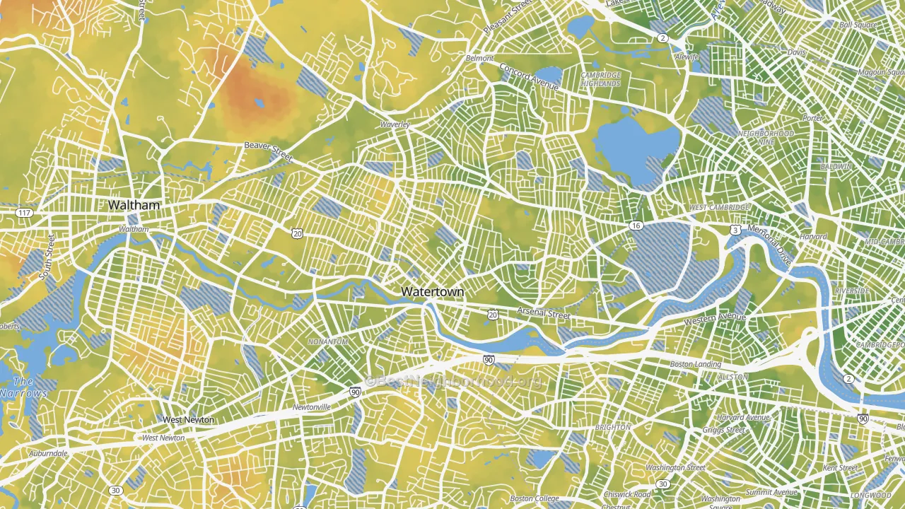 Bike Grade map of Watertown Town, MA