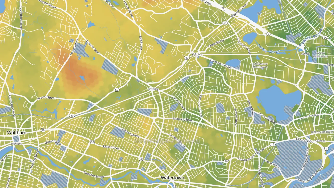Bike Grade map of Waverley Square, Belmont, MA