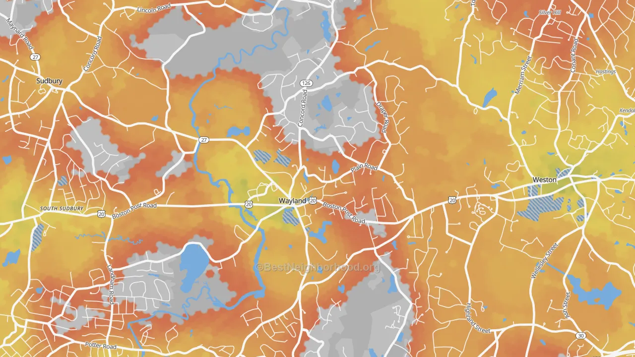 Bike Grade map of Wayland, MA