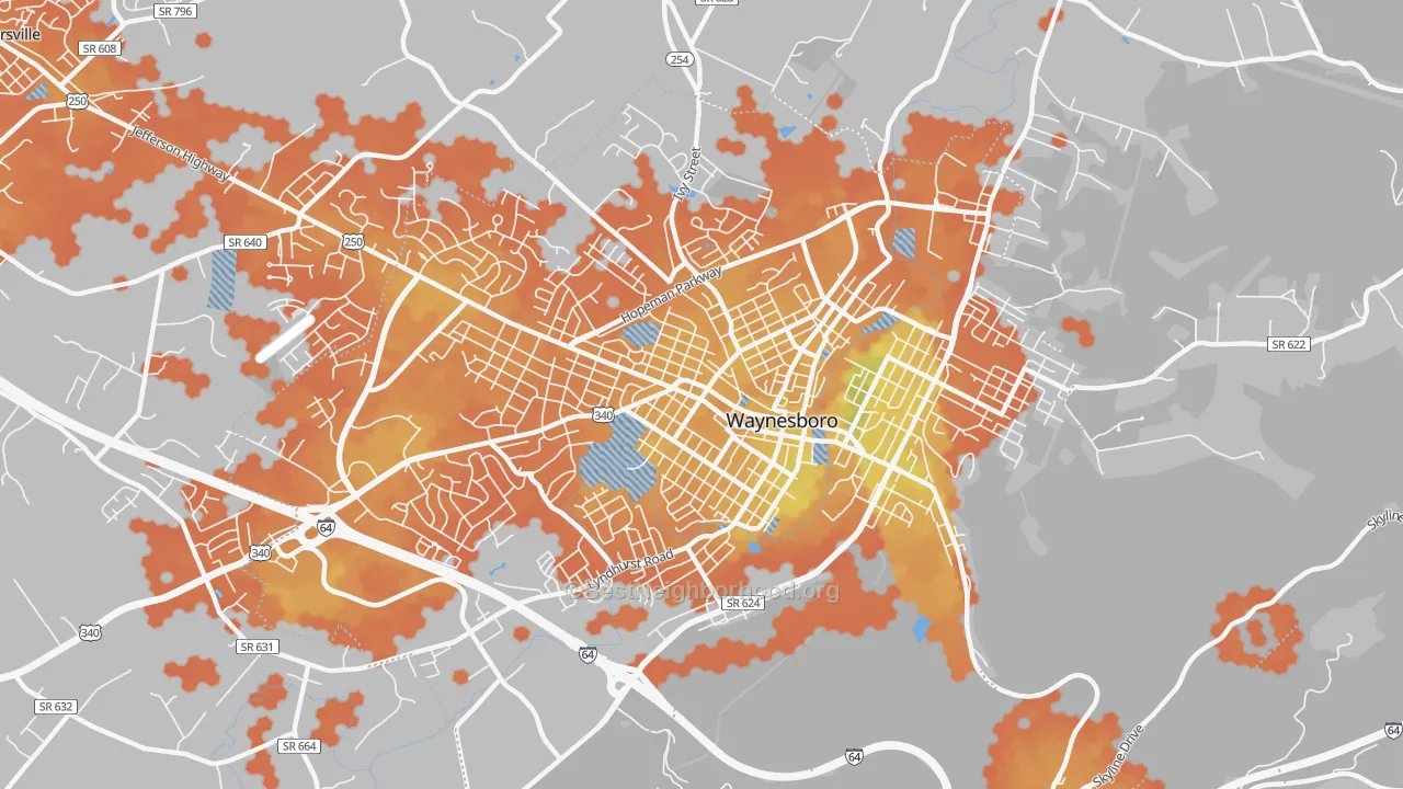 Bike Grade map of Waynesboro City, VA