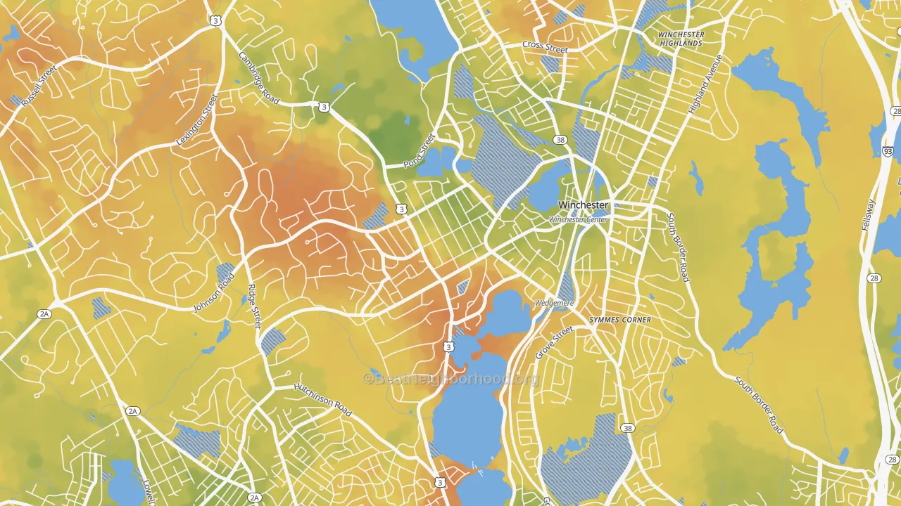 Bike Grade map of Wedgemere Historic District, Winchester, MA