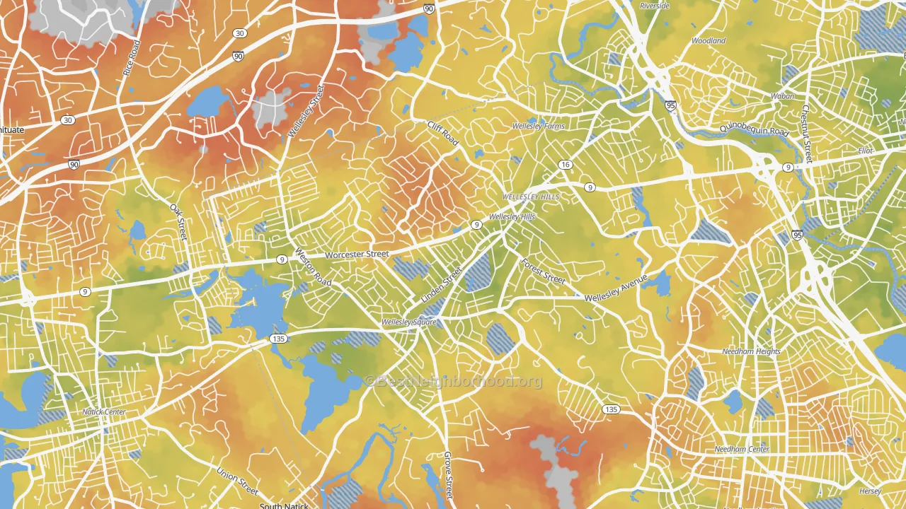 Bike Grade map of Wellesley, MA