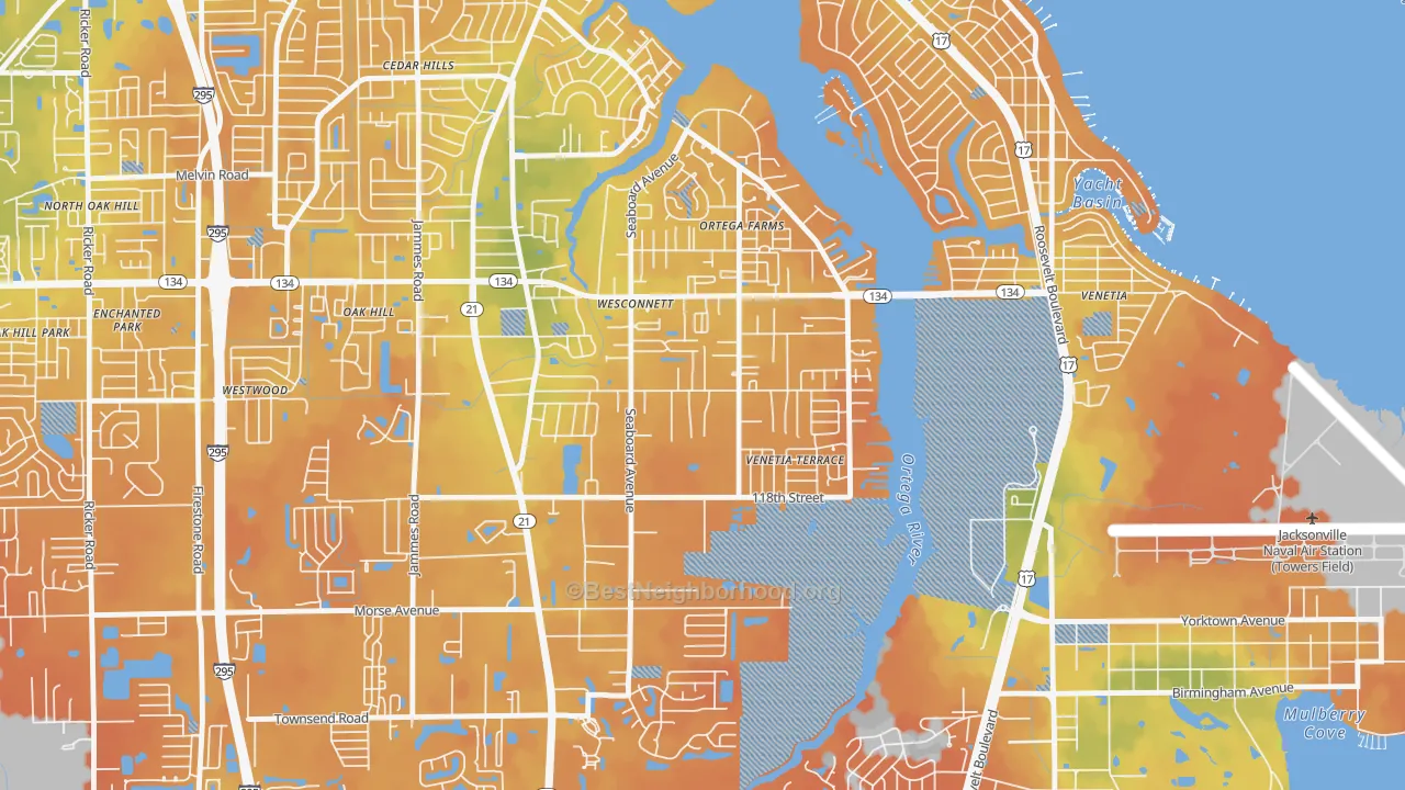 Bike Grade map of Wesconnett, Jacksonville, FL