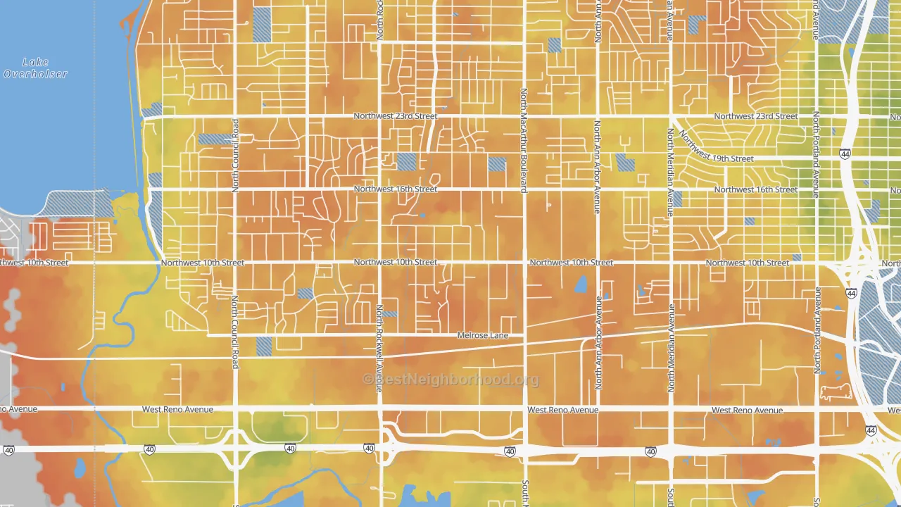 Bike Grade map of West 10th, Oklahoma City, OK