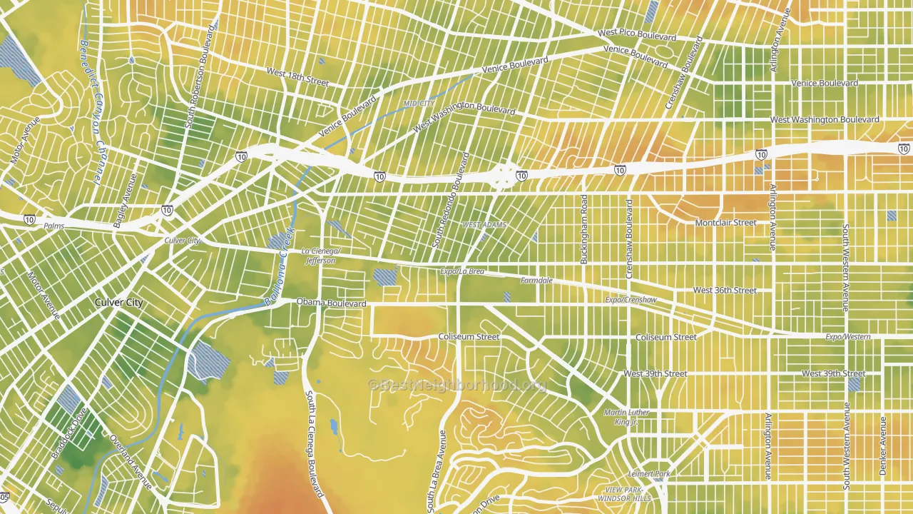 Bike Grade map of West Adams, Los Angeles, CA