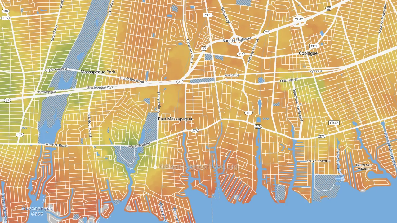 Bike Grade map of West Amityville, East Massapequa, NY