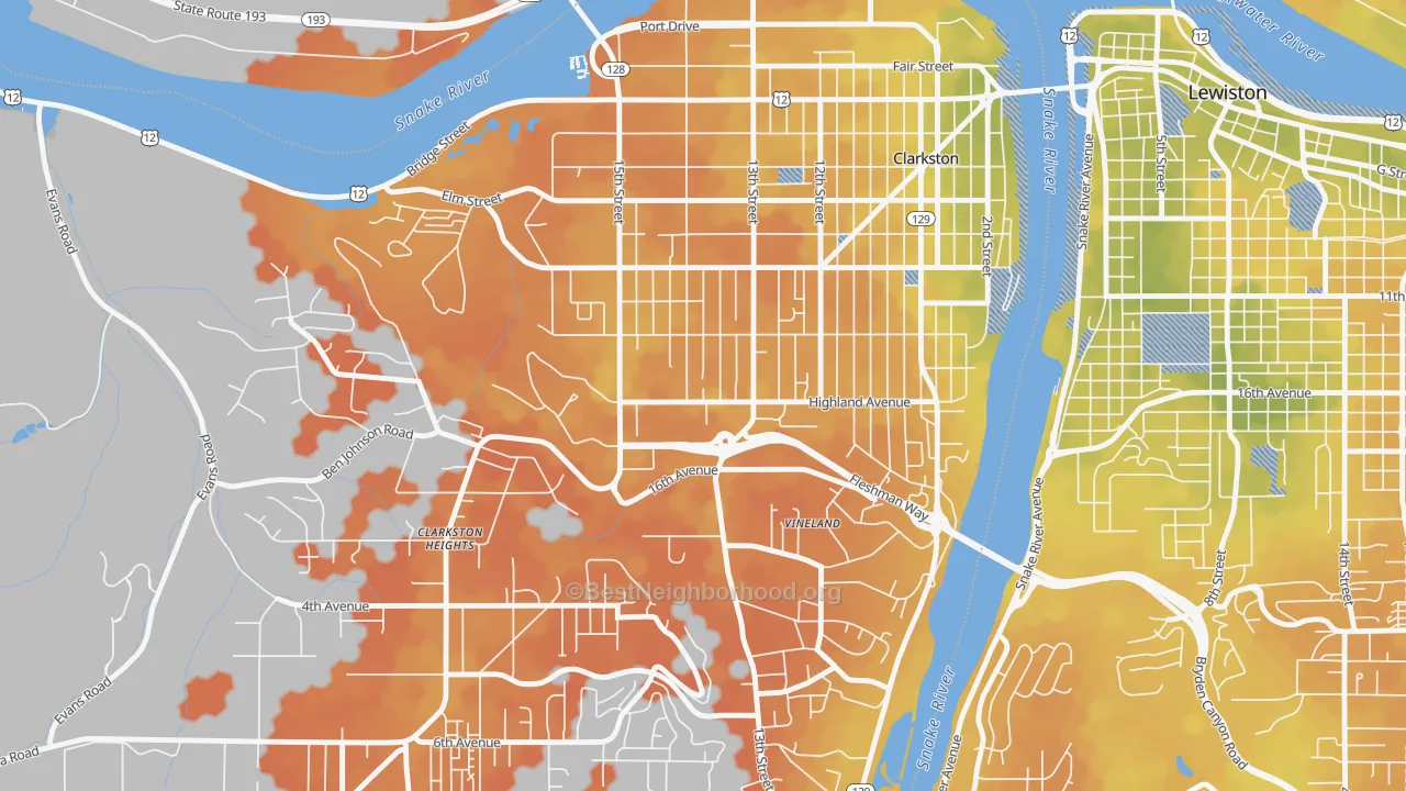 Bike Grade map of West Clarkston-Highland, WA
