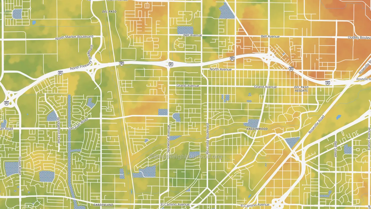 Bike Grade map of West del Paso Heights, Sacramento, CA