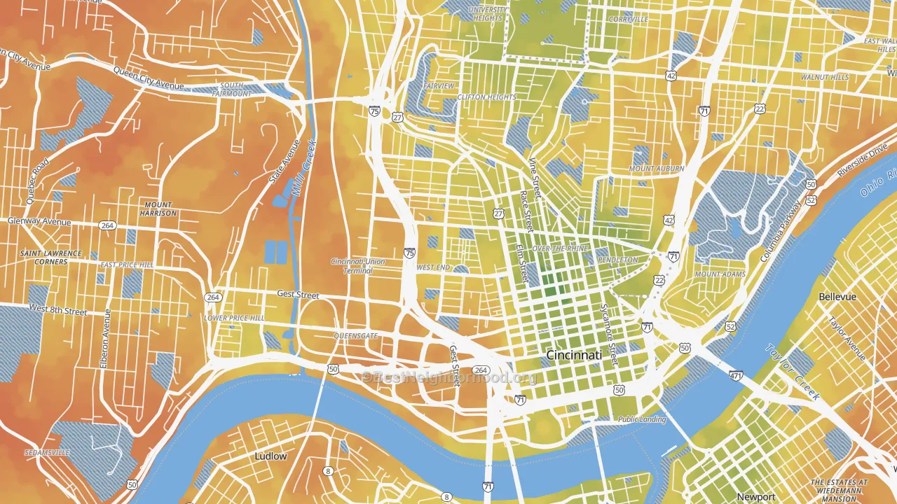 Bike Grade map of West End, Cincinnati, OH