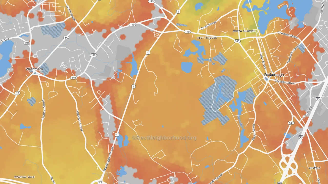 Bike Grade map of West Foxboro, MA