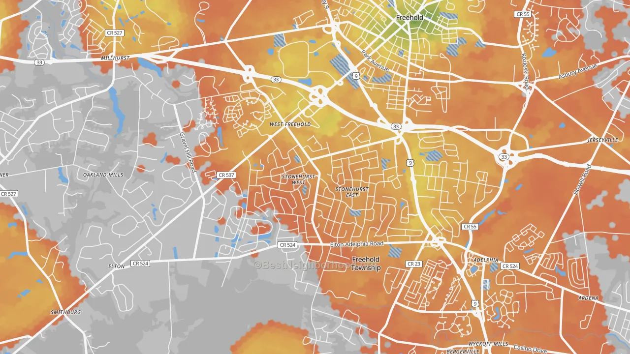 Bike Grade map of West Freehold, NJ