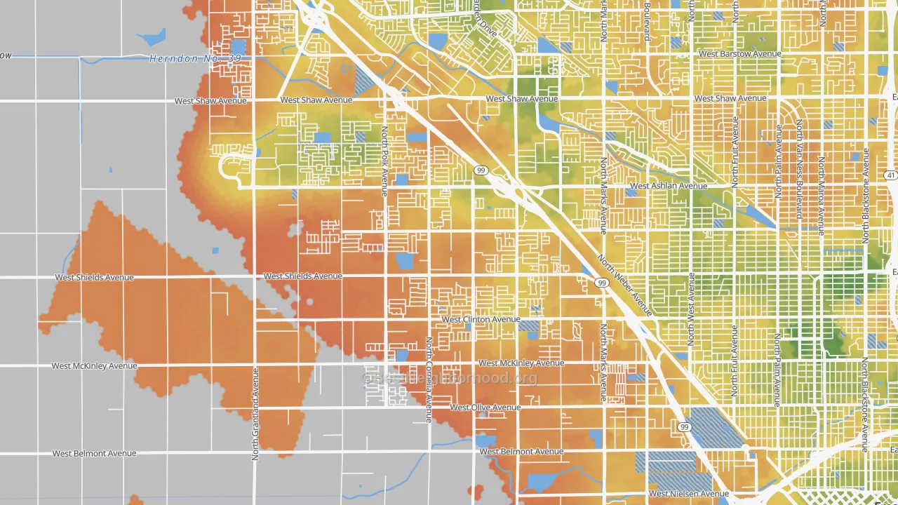 Bike Grade map of West, Fresno, CA