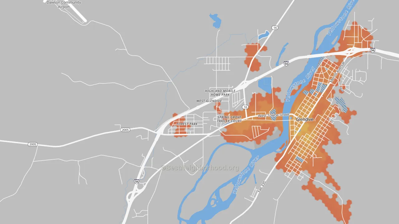 Bike Grade map of West Glendive, MT