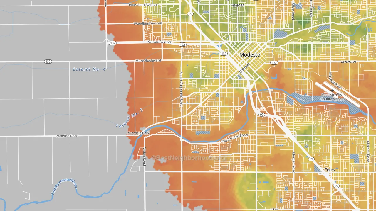 Bike Grade map of West Modesto, Modesto, CA