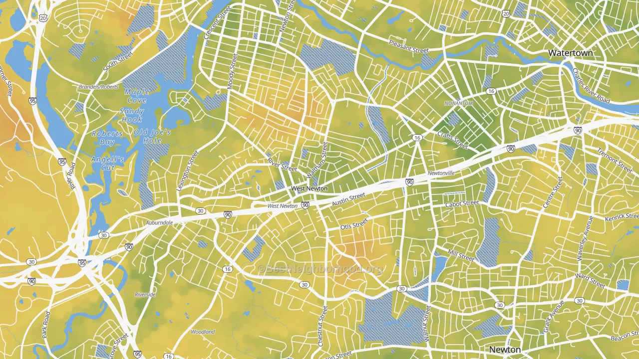 Bike Grade map of West Newton, Newton, MA