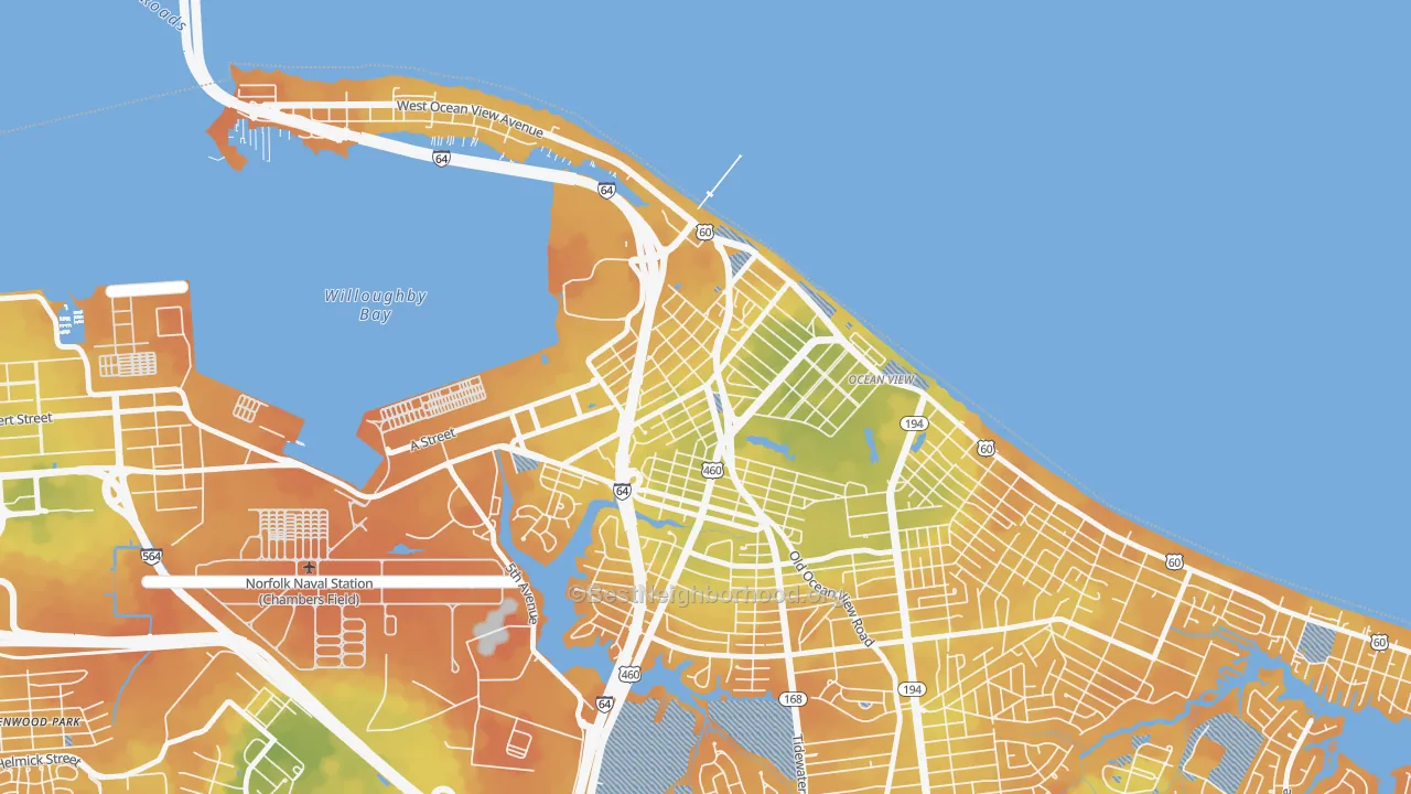 Bike Grade map of West Ocean View, Norfolk, VA