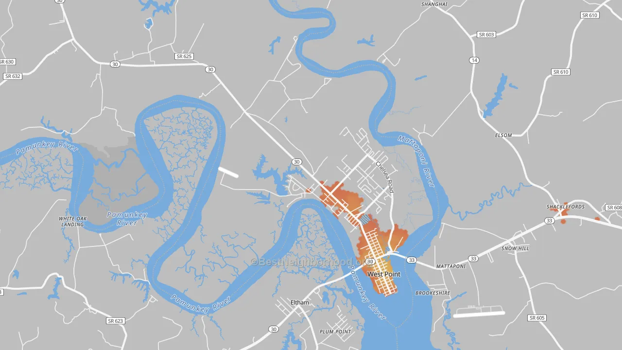Bike Grade map of West Point, VA