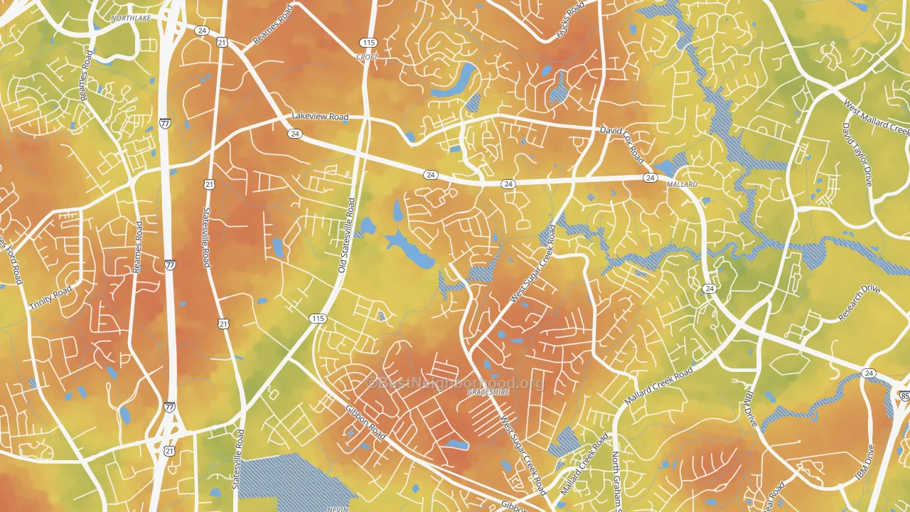 Bike Grade map of West Sugar Creek, Charlotte, NC