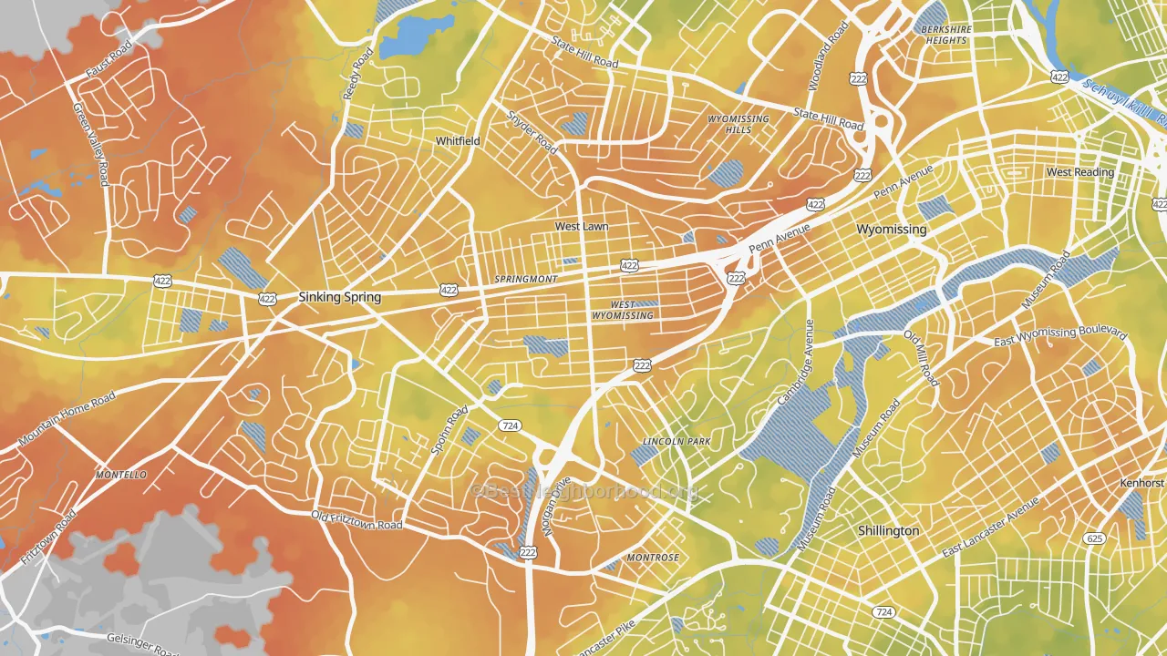 Bike Grade map of West Wyomissing, PA