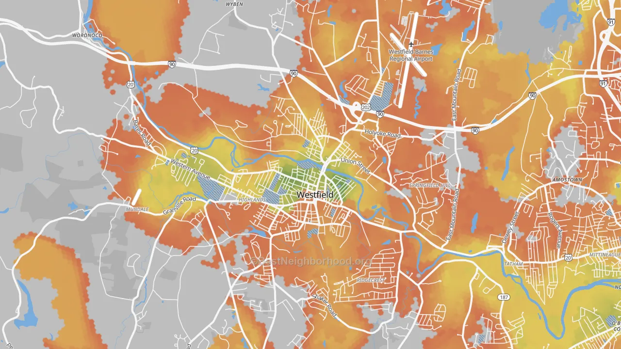 Bike Grade map of Westfield, MA