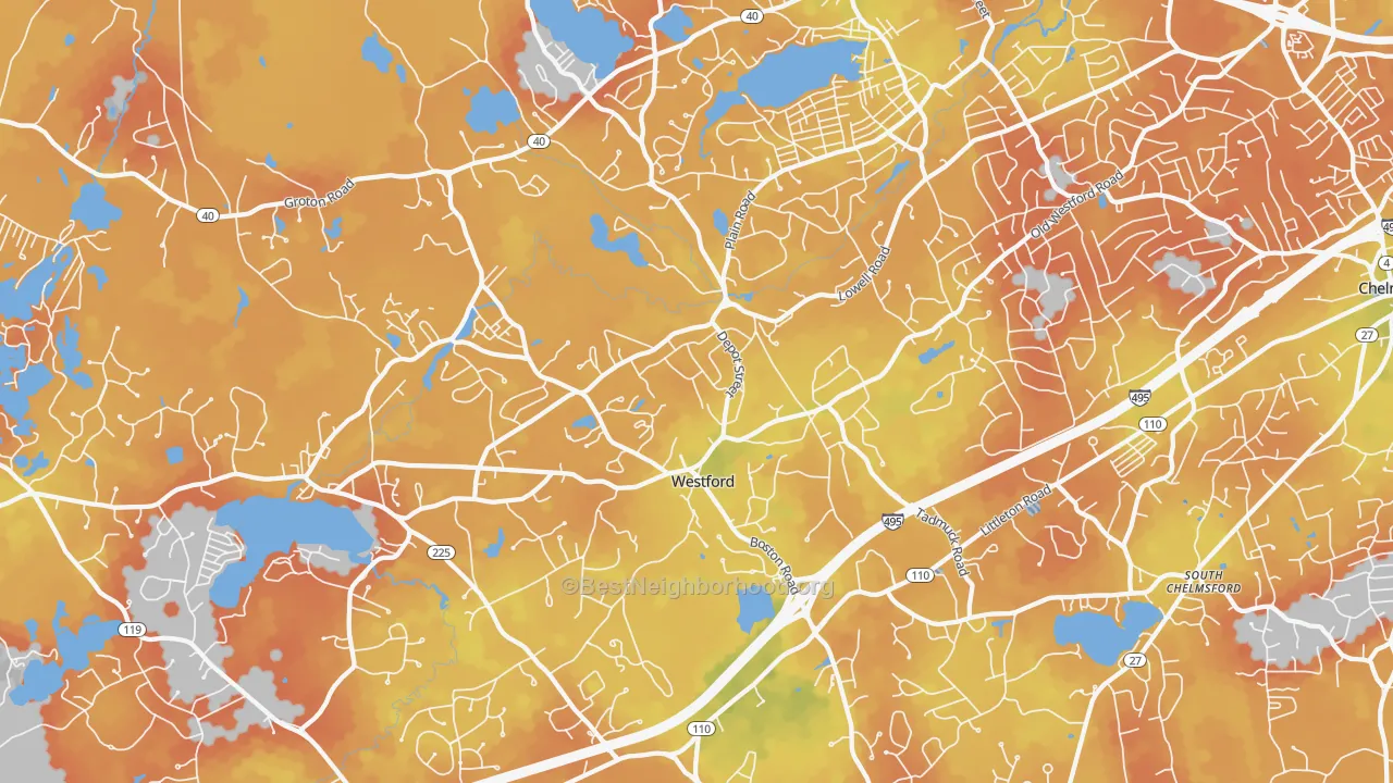 Bike Grade map of Westford, MA