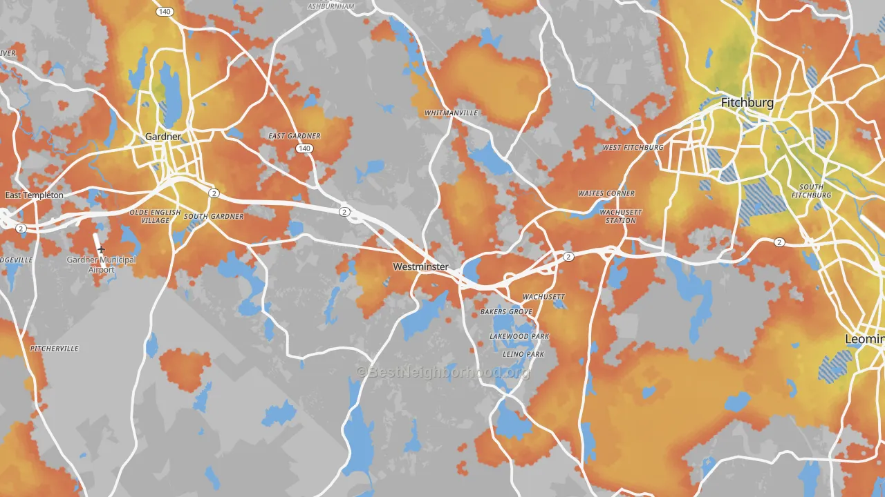Bike Grade map of Westminster, MA