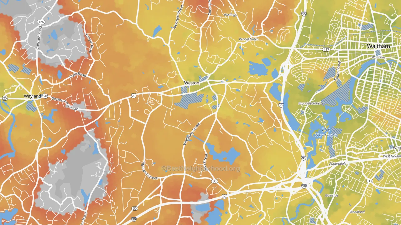 Bike Grade map of Weston, MA