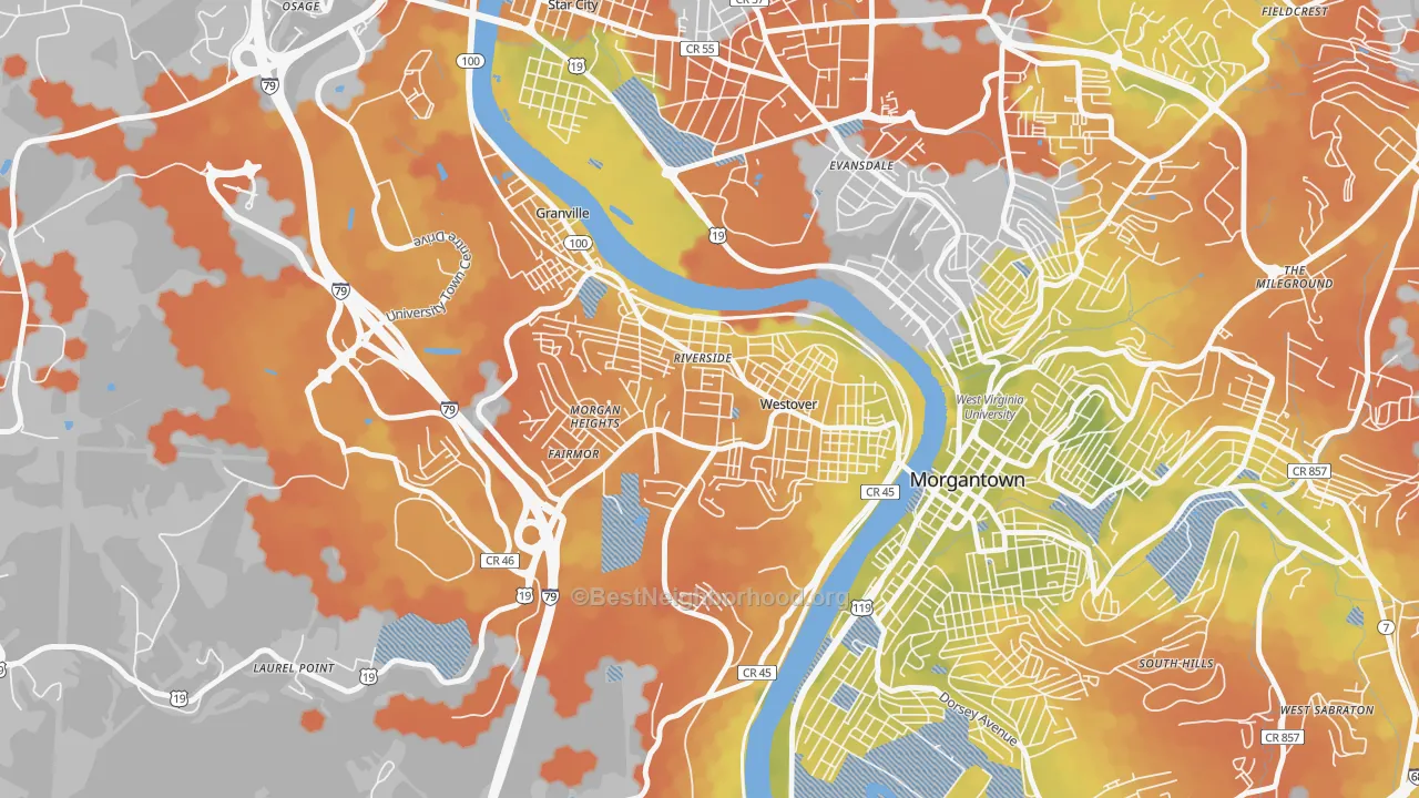 Bike Grade map of Westover, WV