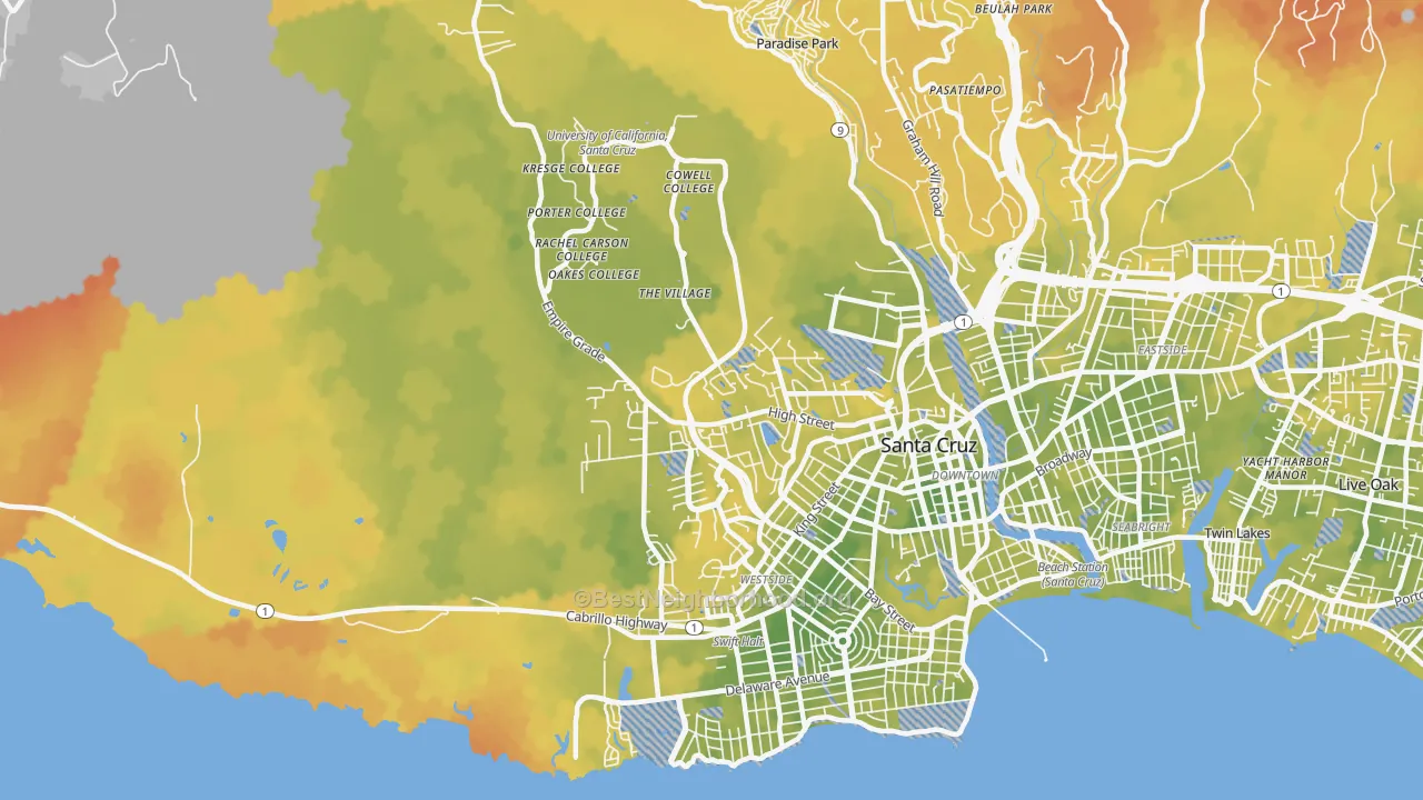 Bike Grade map of Westside, Santa Cruz, CA