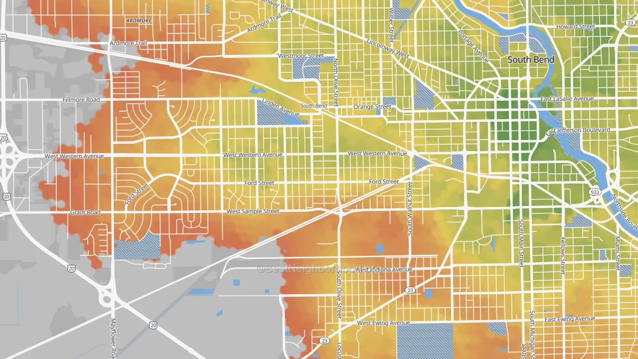 Bike Grade map of Westside, South Bend, IN