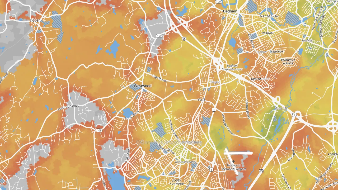 Bike Grade map of Westwood, MA