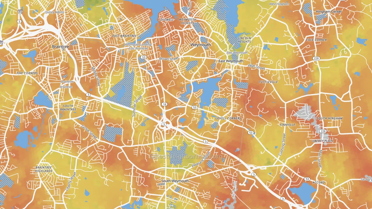 Bike Grade map of Weymouth Town, MA